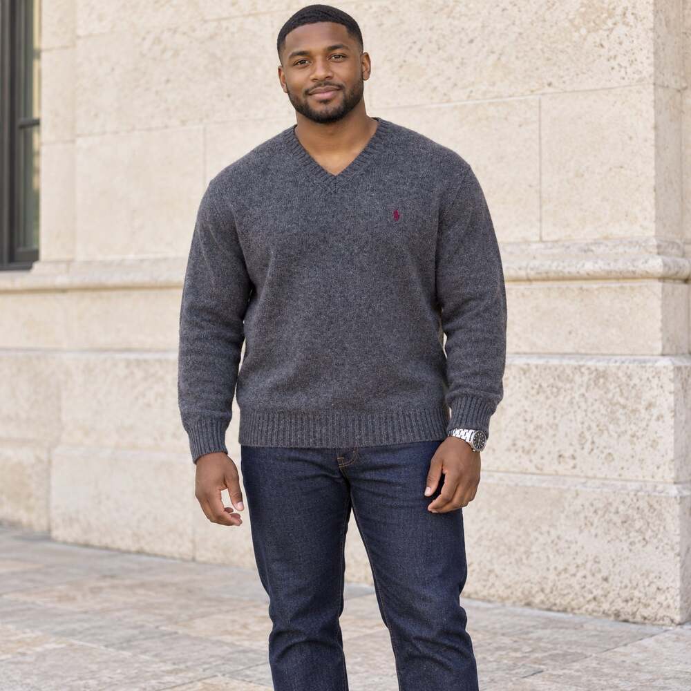 Polo Ralph Lauren Sweater Mens XL Gray V Neck Lambswool Pullover Classic Prep